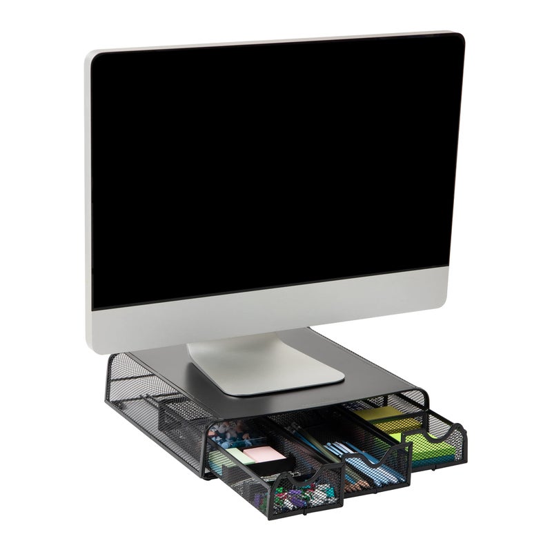 Mind Reader Monitor Stand, Ventilated Laptop Riser, Desktop Organizer, Storage, Metal Mesh, 13.25"L x 12.5"W x 3"H, Black - Image 1